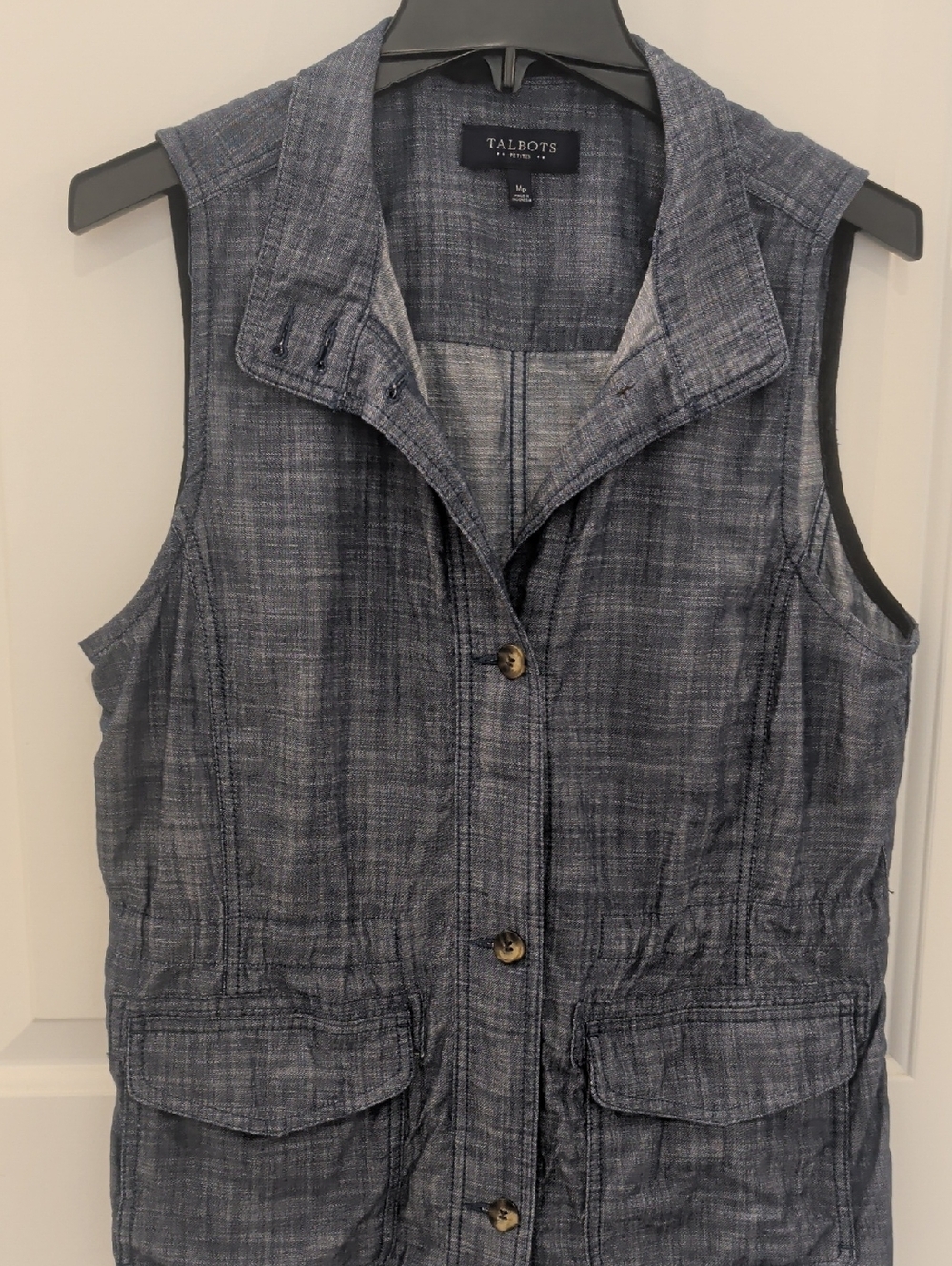 Talbots Blue-Gray Denim Look Cotton Sleeveless Button-Front Vest